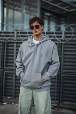 Erkek Gri Boydan Fermuarlı Kapüşonlu Kanguru Cepli Oversize Sweatshirt Hoodie TR-6847